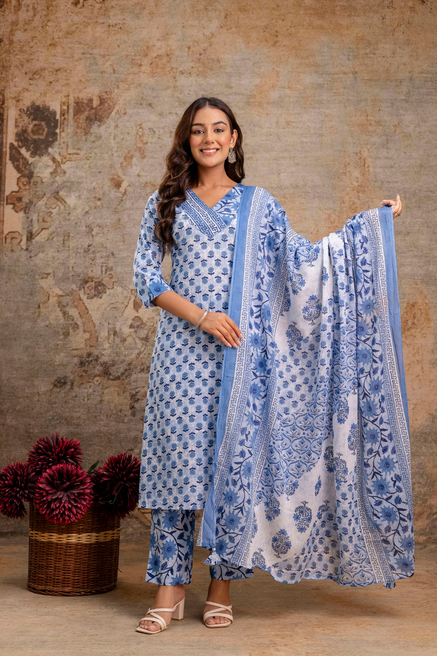 Printed cotton kurta with matching dupatta