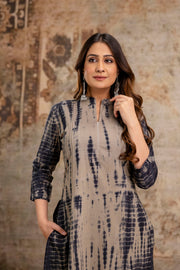 Aaronee Beige and Indigo Cotton Kurti with Matching Pants 