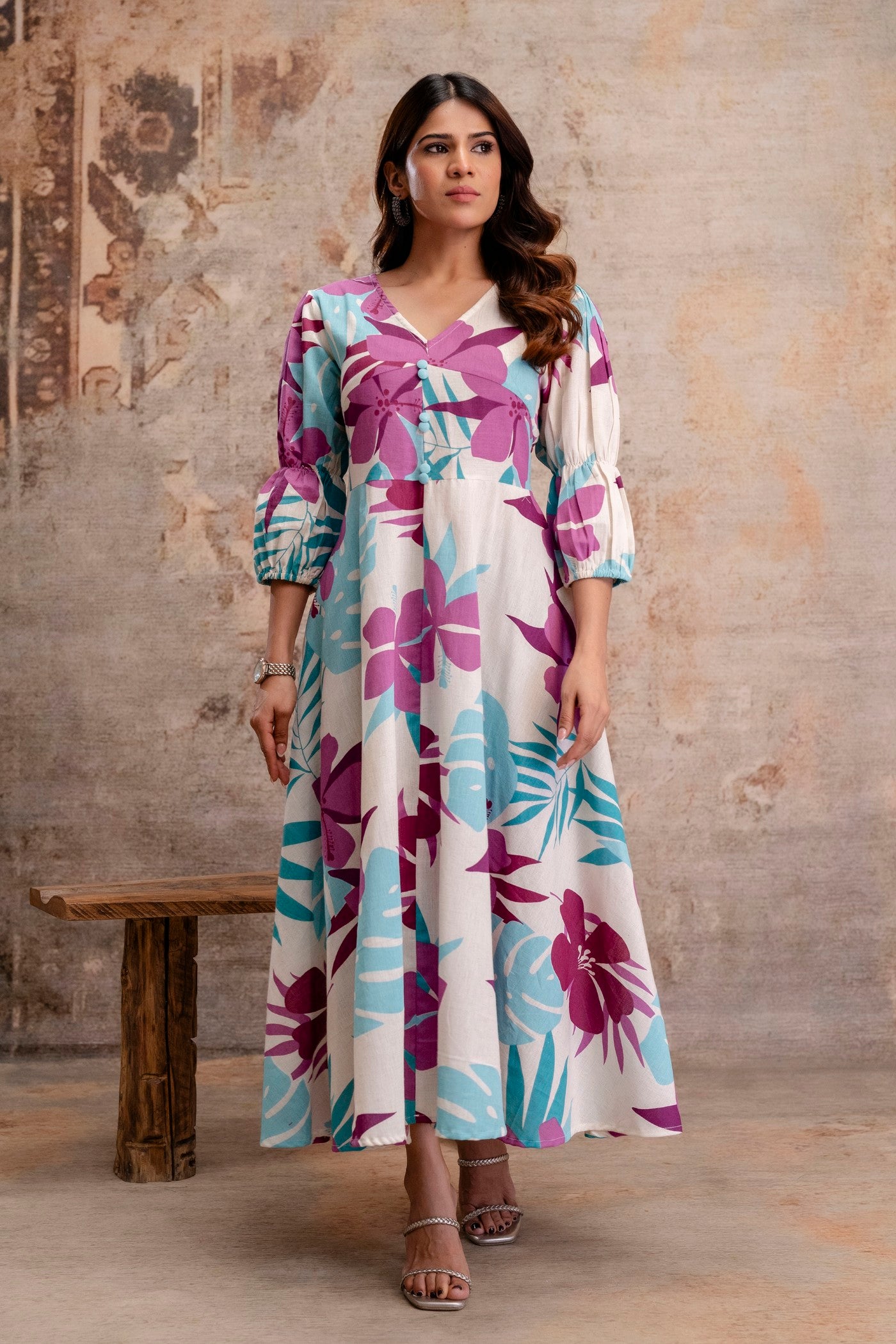 Pure cotton floral middy dress for women