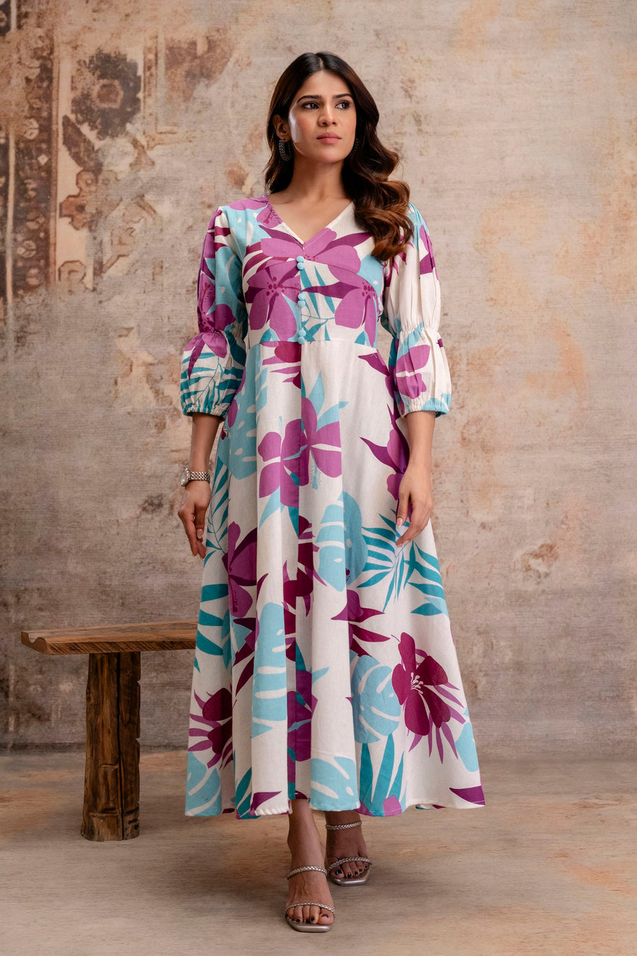 Pure cotton floral middy dress for women