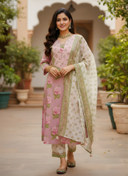 Pure cotton pink floral print ethnic wear by Aaronee