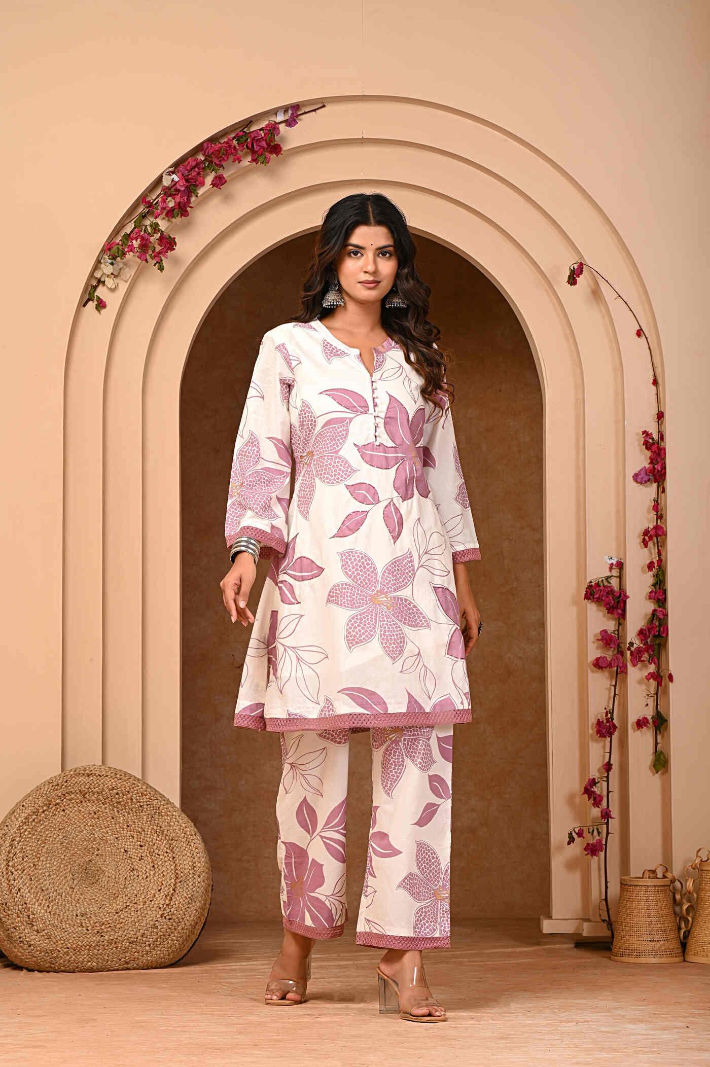 Experience Dateless fineness with Aaronee’s Purple Floral publish Kurta and Pant Set