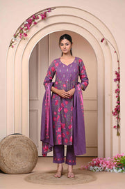 Purple Floral Print Kurta Set with Dupatta