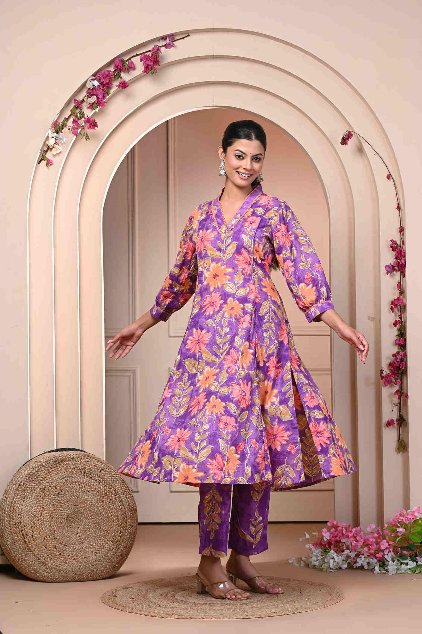 Bloom in Style with Aaronee Purple Flower Print Kurti and Pant Set