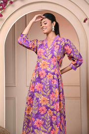 Bloom in Style with Aaronee Purple Flower Print Kurti and Pant Set