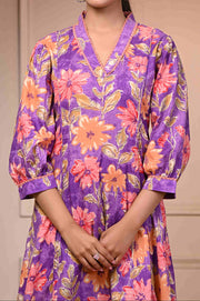 Bloom in Style with Aaronee Purple Flower Print Kurti and Pant Set