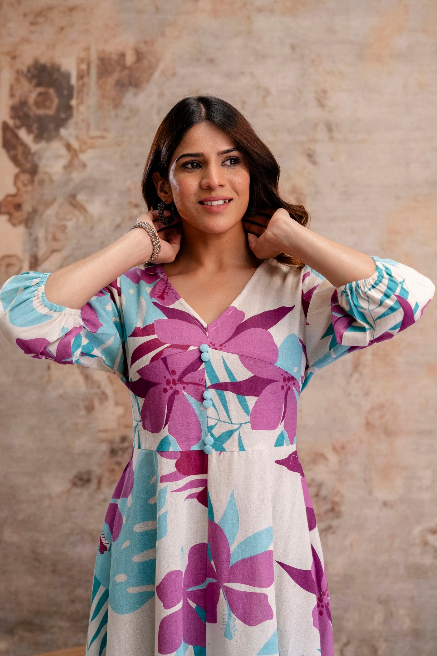 Purple printed middy dress online India