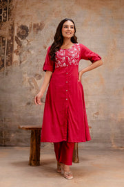 Red kurta pant set with front button style