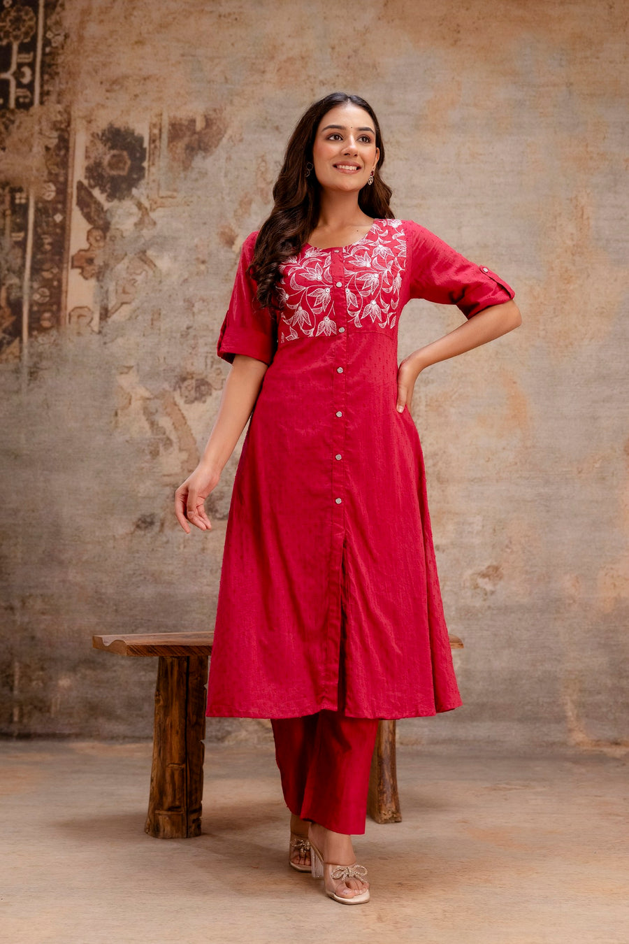 Red kurta pant set with front button style