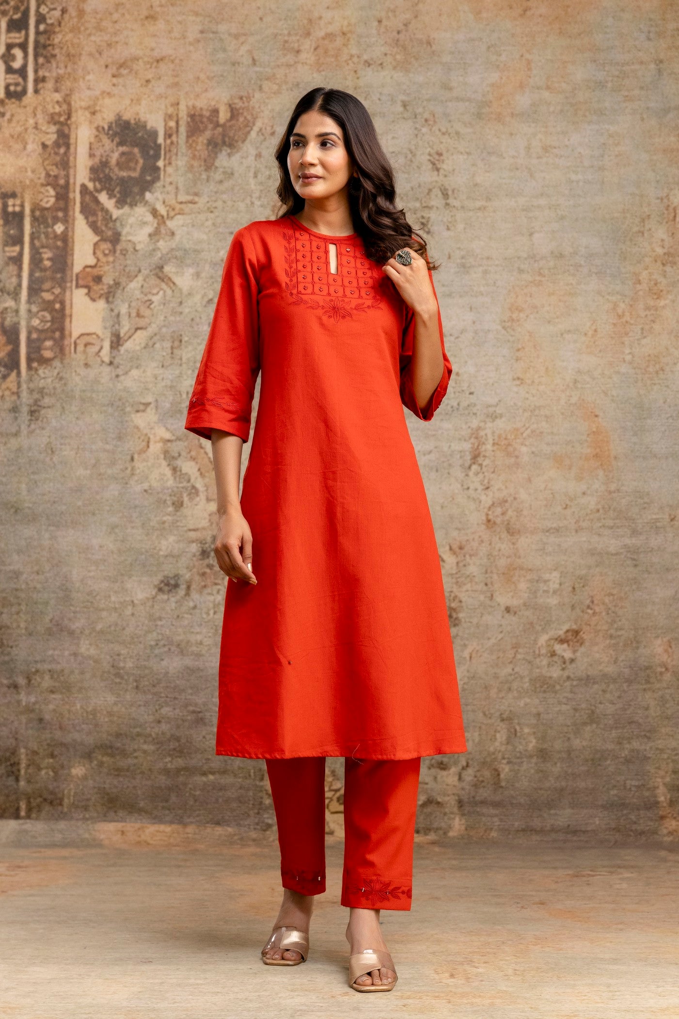 Rust orange embroidered yoke kurta set