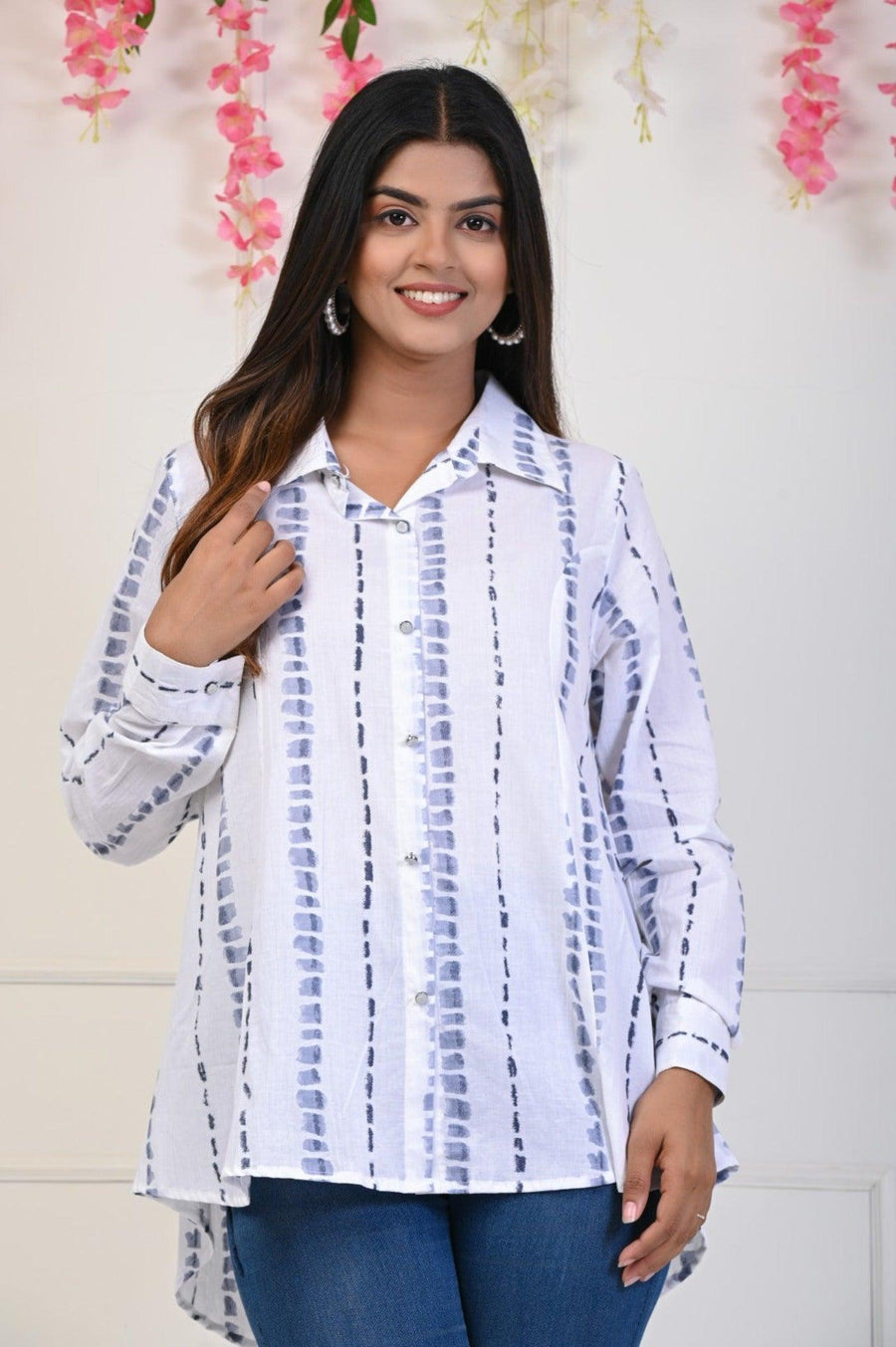 White Grey Print Shirts for Women - Indo-Western Style