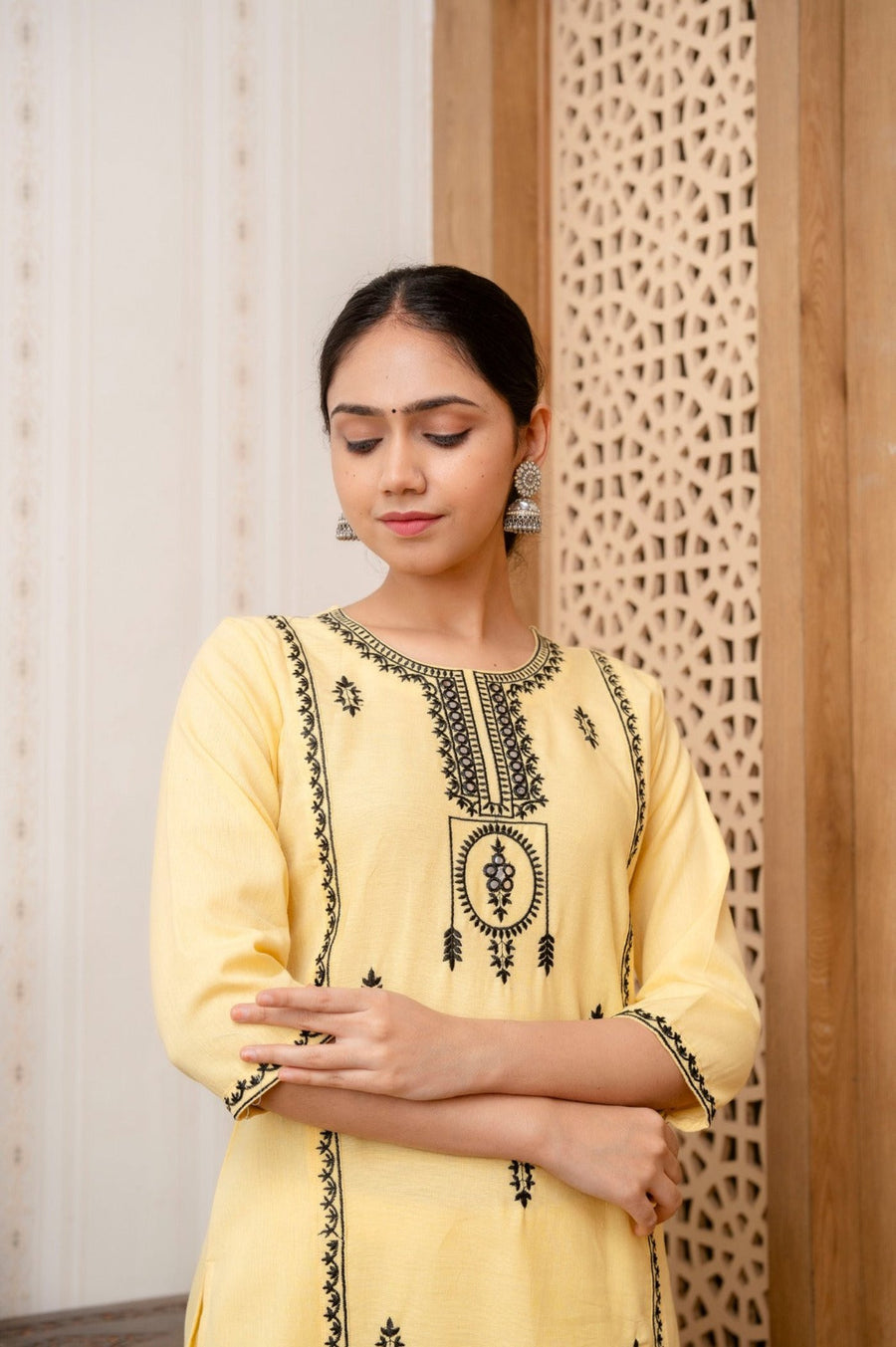 Elegant Yellow Kurti Set with Black Embroidery