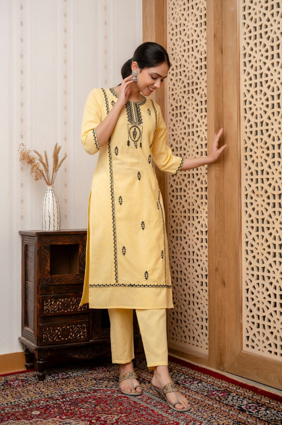 Elegant Yellow Kurti Set with Black Embroidery