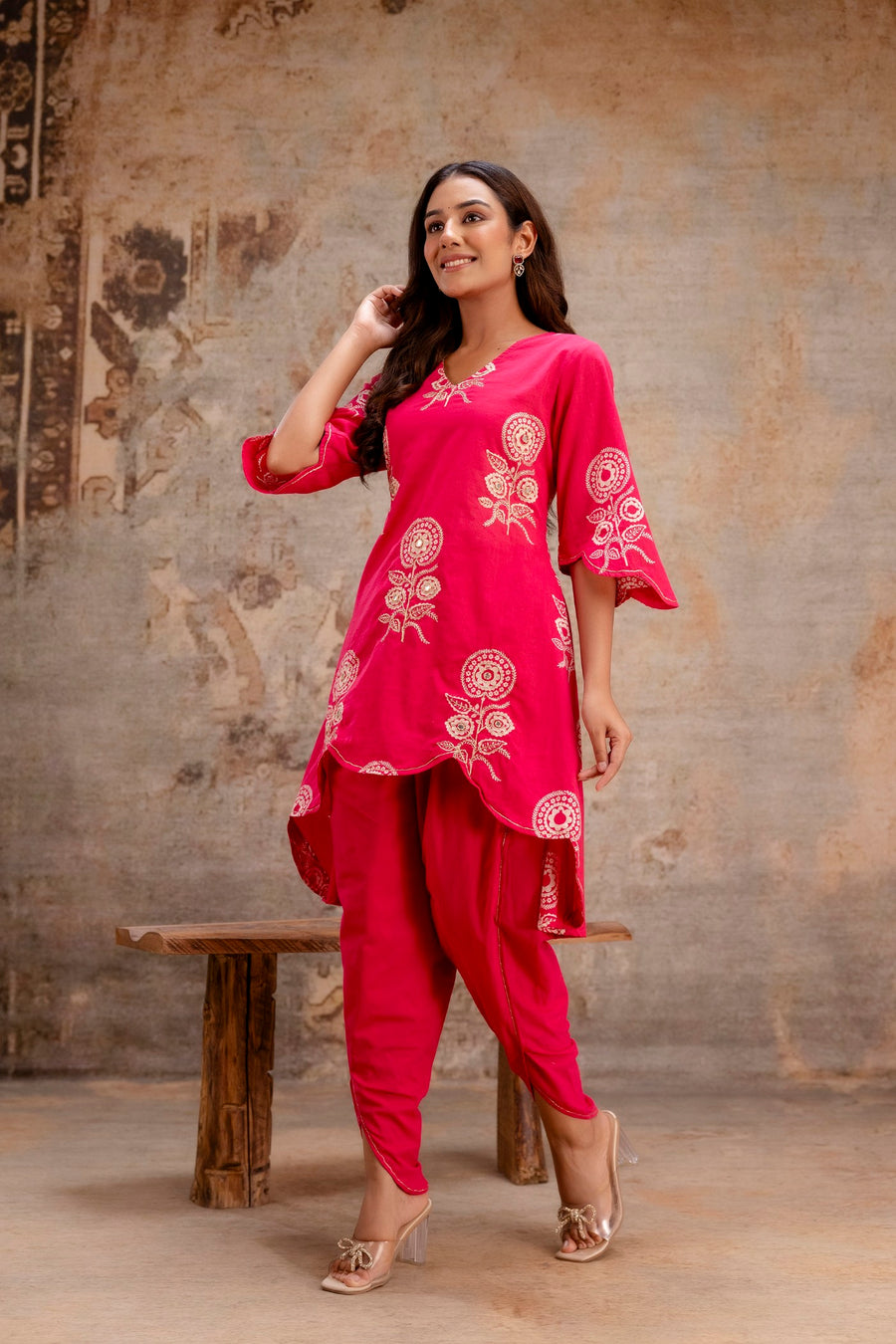 Stylish embroidered pink tulip pant set Aaronee