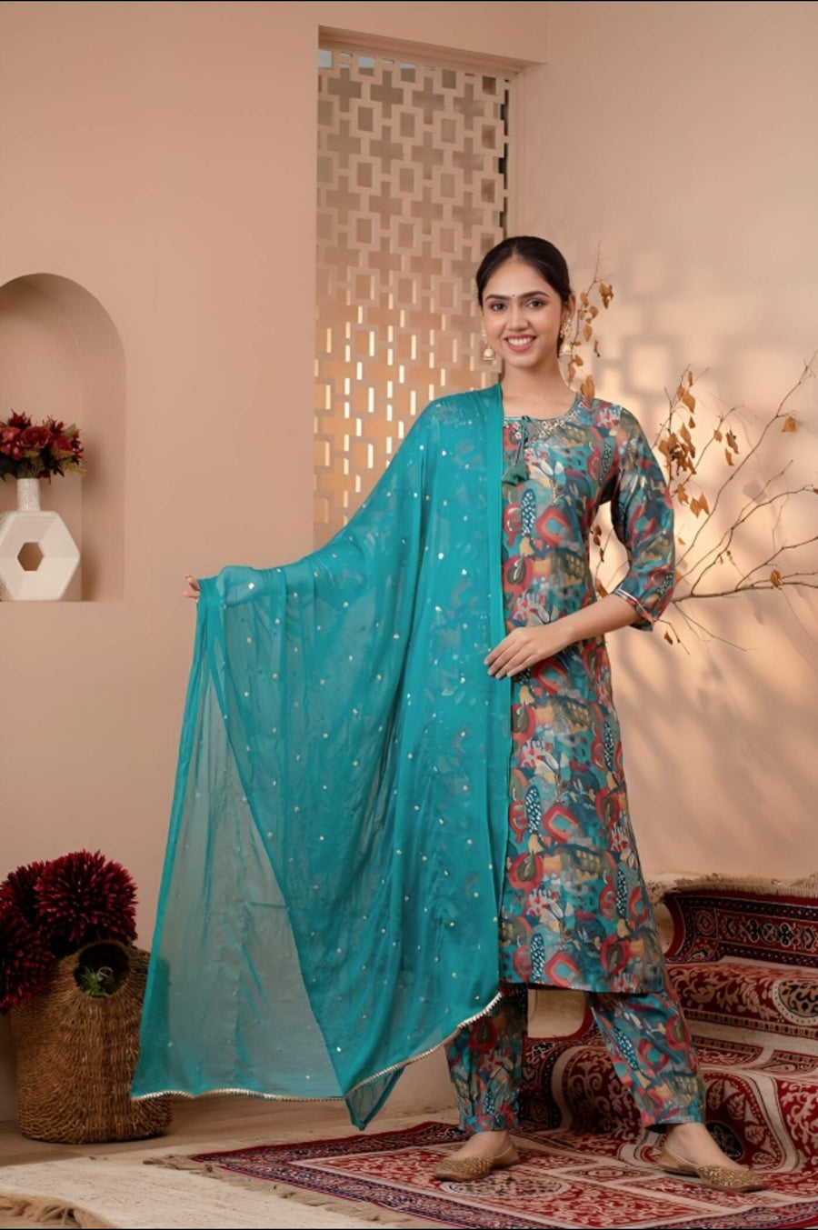 Teal Bliss floral Kurta Set with Dupatta