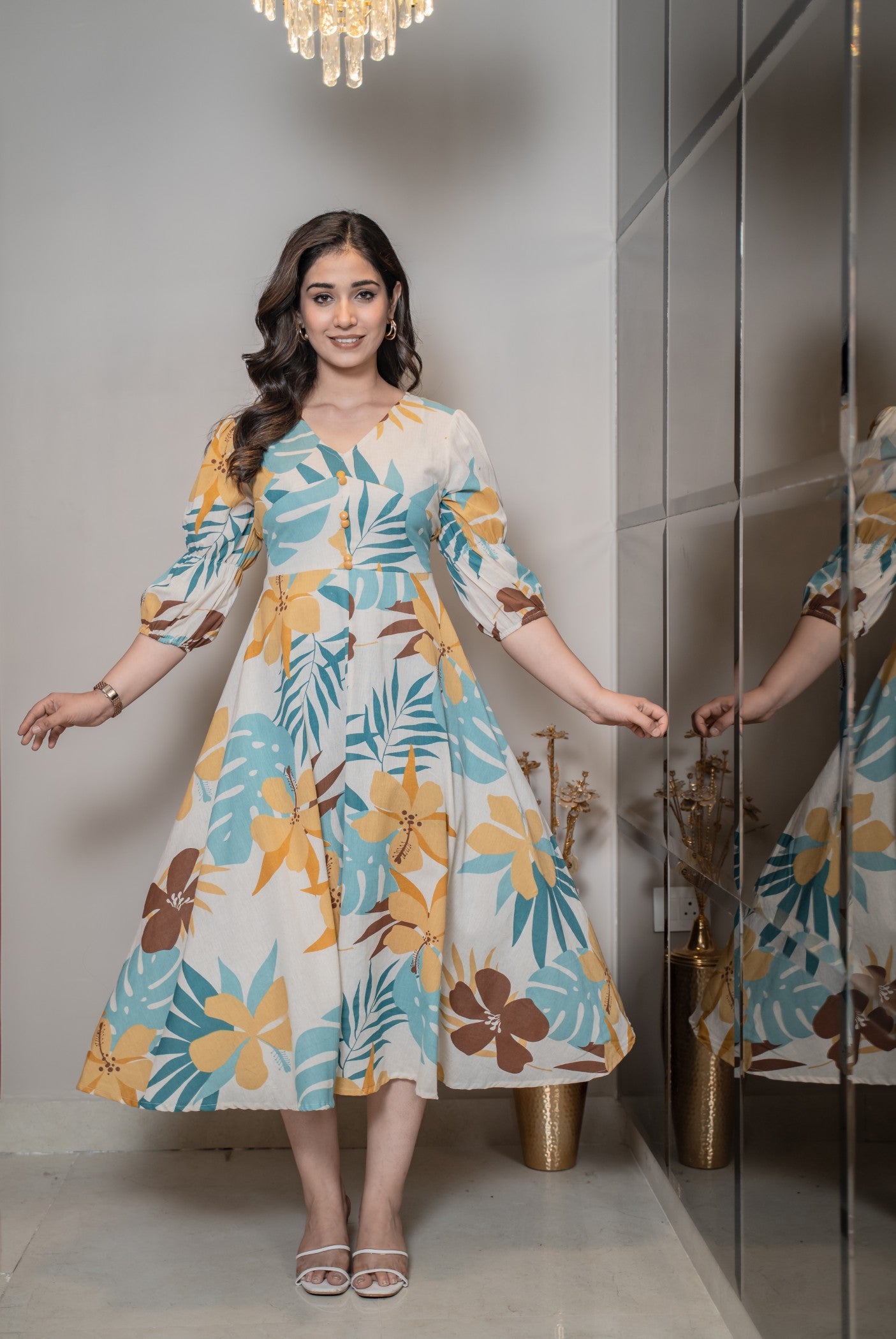 Tropical print pure cotton midi dress