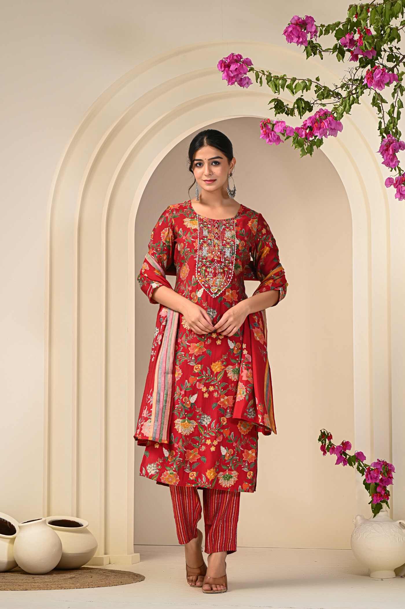 Vibrant Red & Gold Floral Kurta Set with Dupatta | Aaronee Ethnic Wear