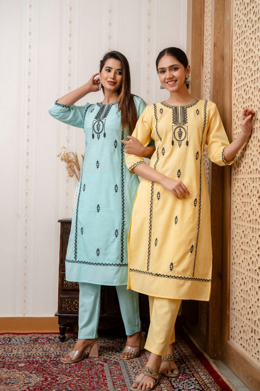 Elegant Light Blue Yellow Embroidered Kurta Sem