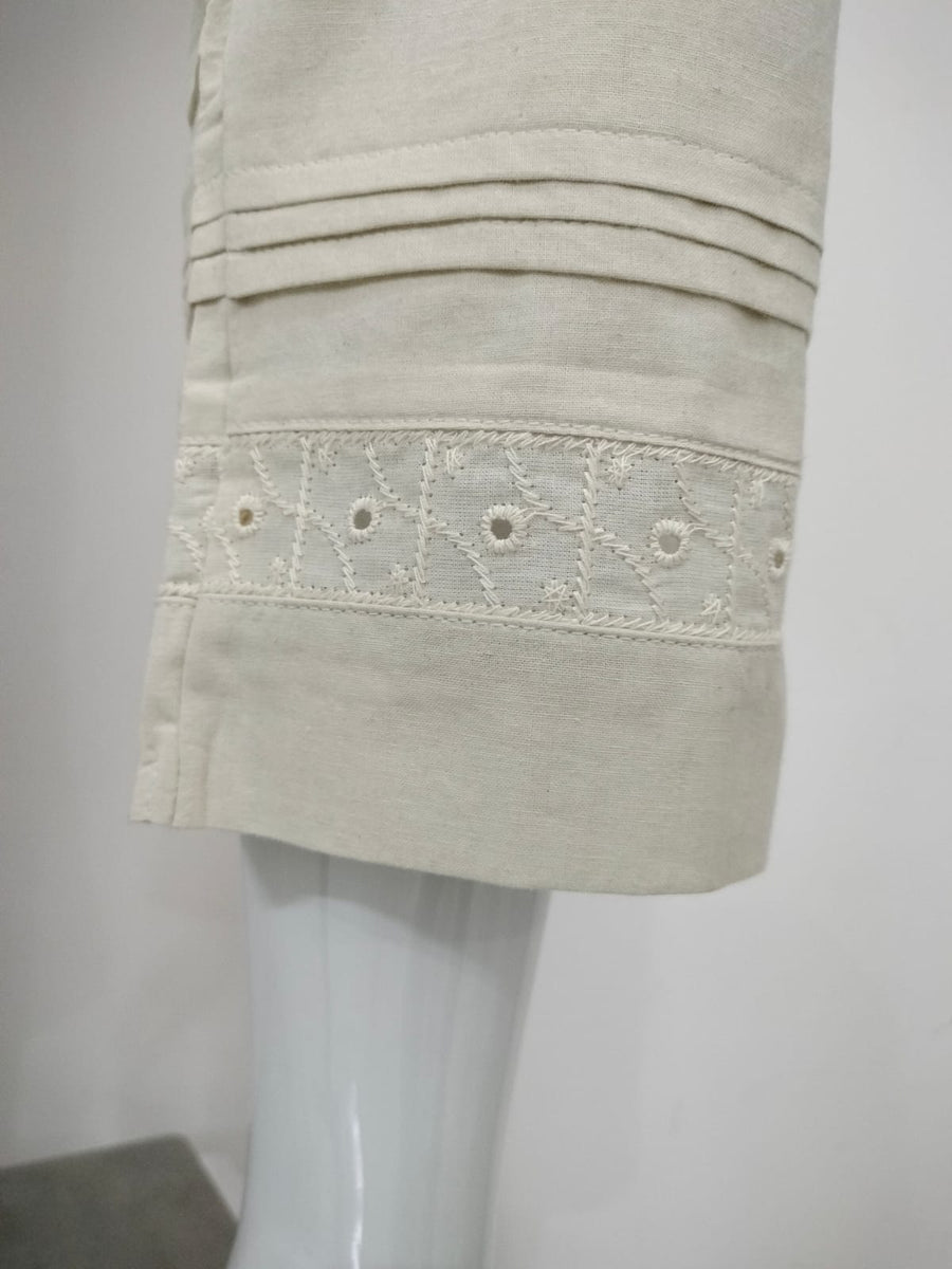 Cotton Beige Lace Detail Straight Pants for Women - AARONEE