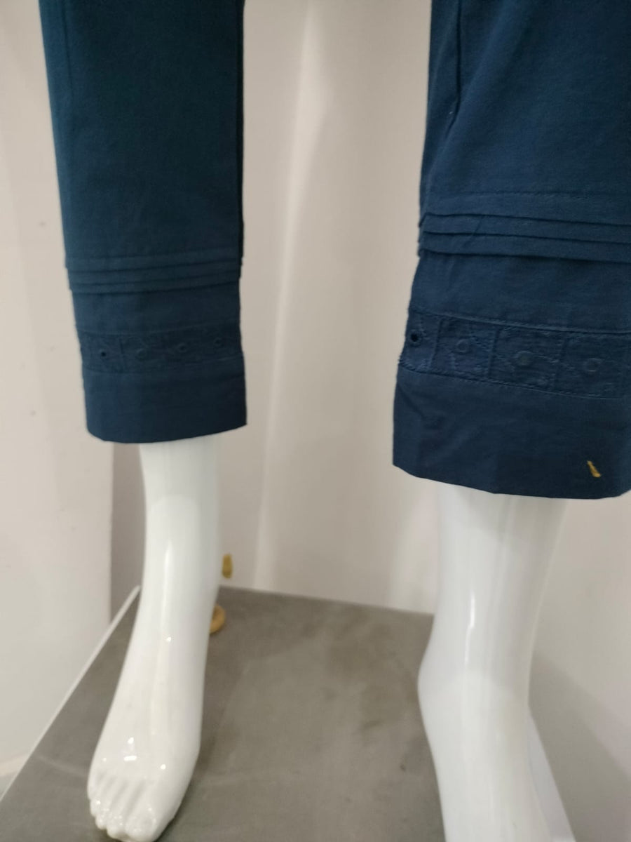 Blue Cotton fabric Lace Detail Straight Pants for Women - AARONEE