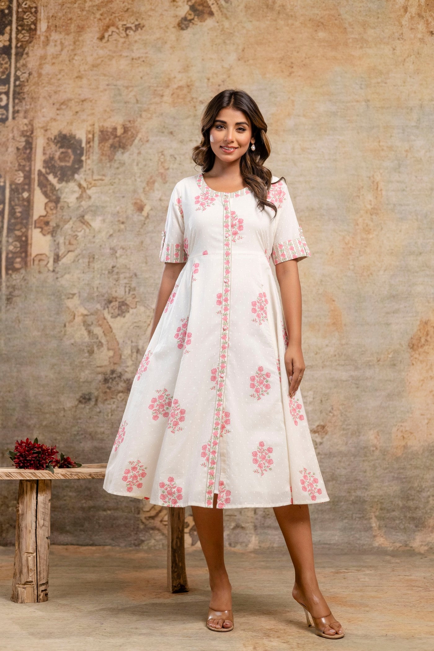 White floral cotton middy dress for women