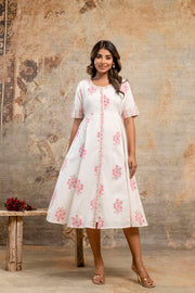 White floral cotton middy dress for women