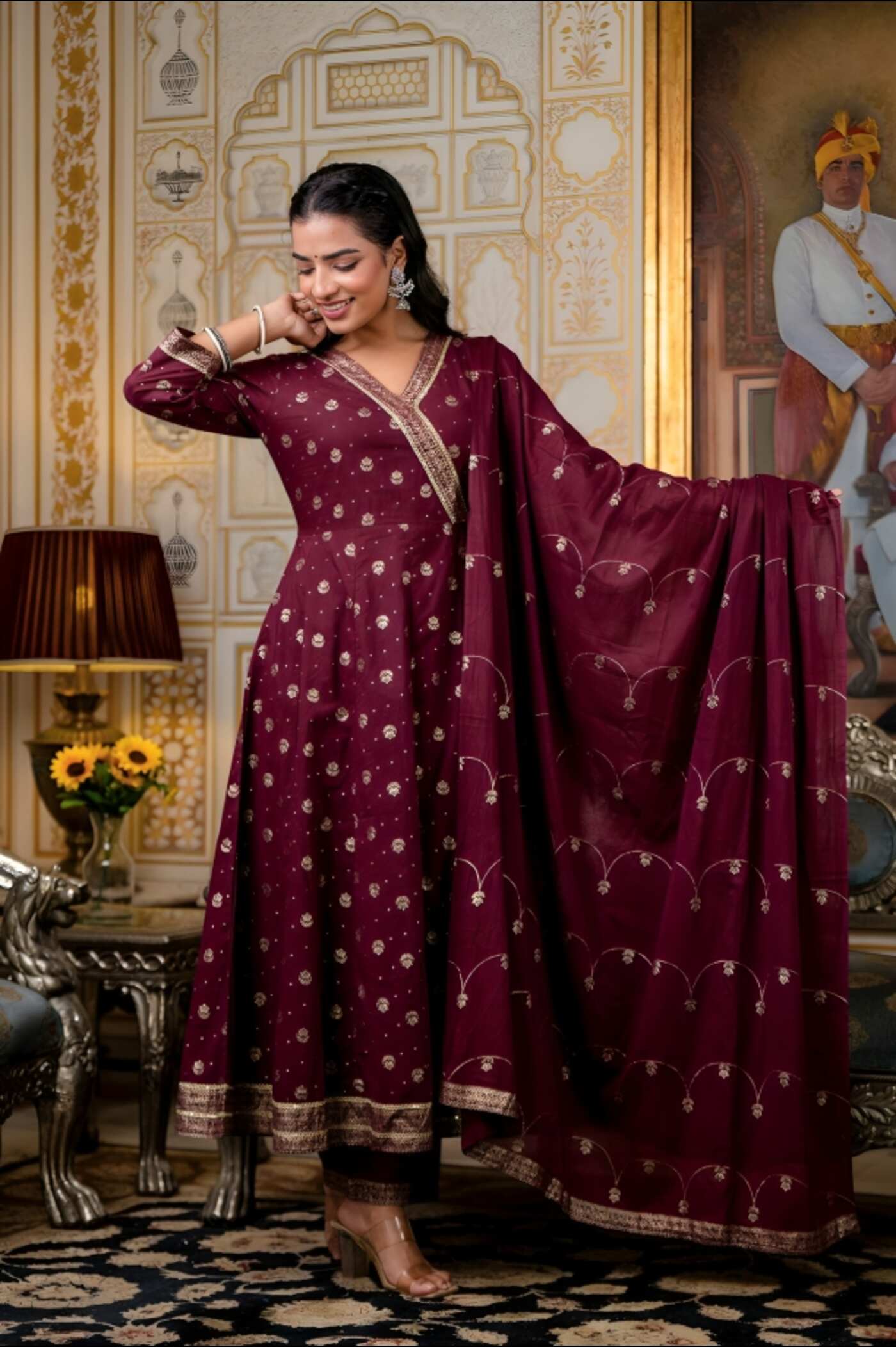 Wine Embroidered Anarkali Set with Elegant Dupatta