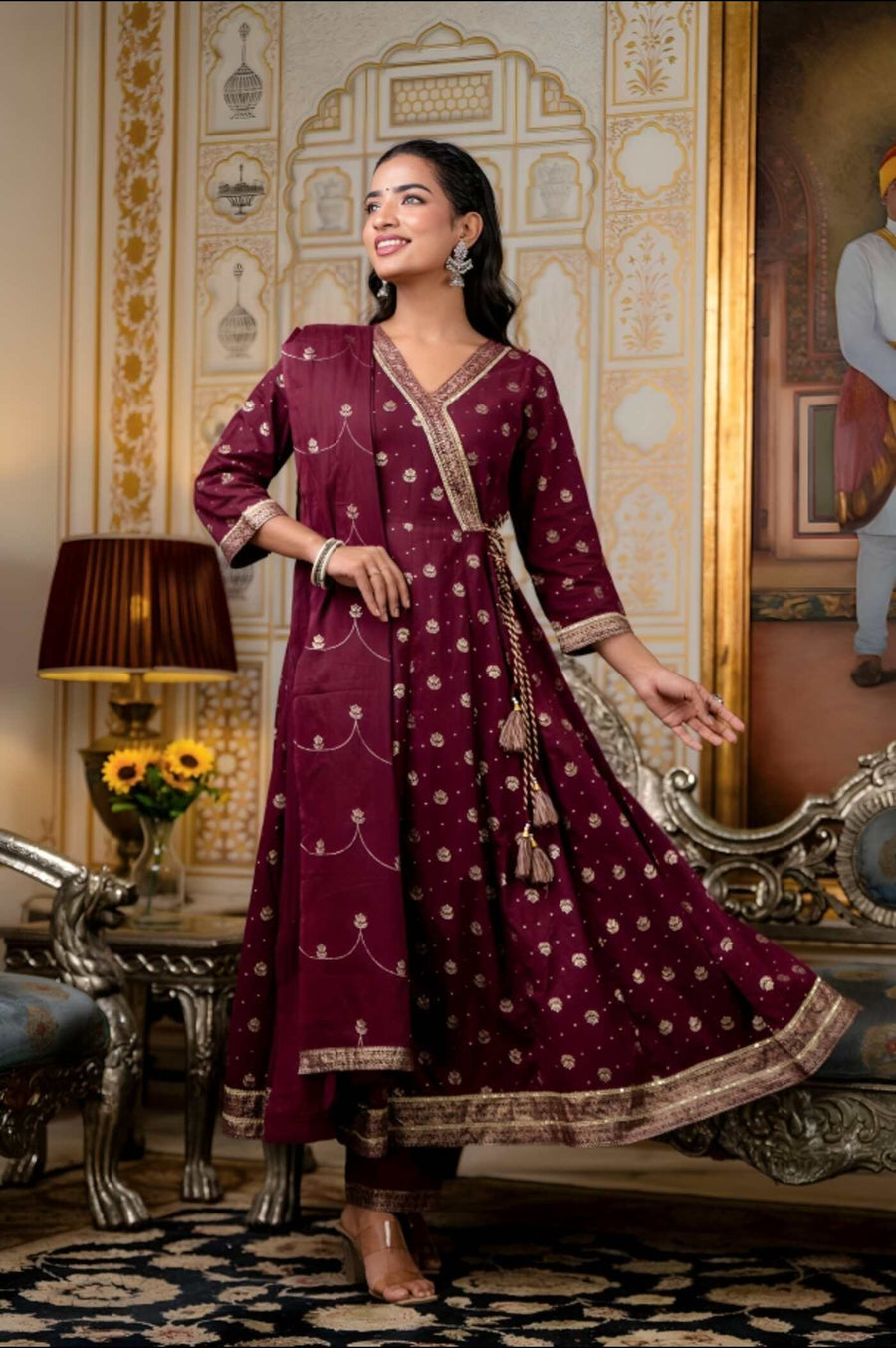 Wine Embroidered Anarkali Set with Elegant Dupatta