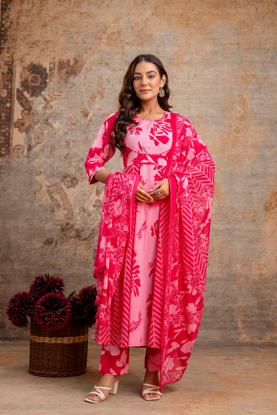 Woman wearing Aaronee cotton Anarkali suit set