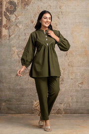 Women’s Olive Green Cotton Kurti with Balloon Sleeves – Aaronee