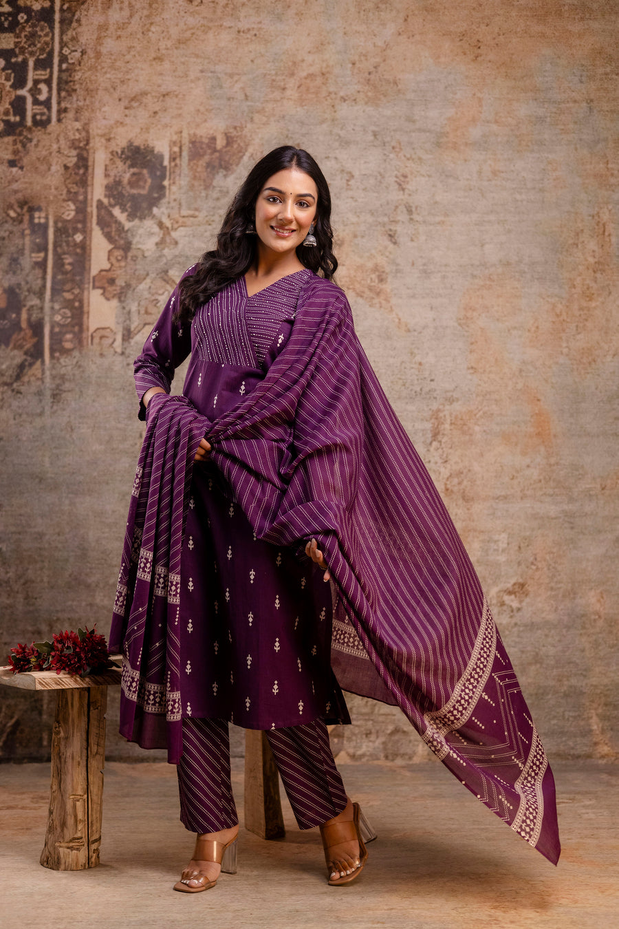 Women’s Printed Kurta Set in Purple Cotton – Aaronee