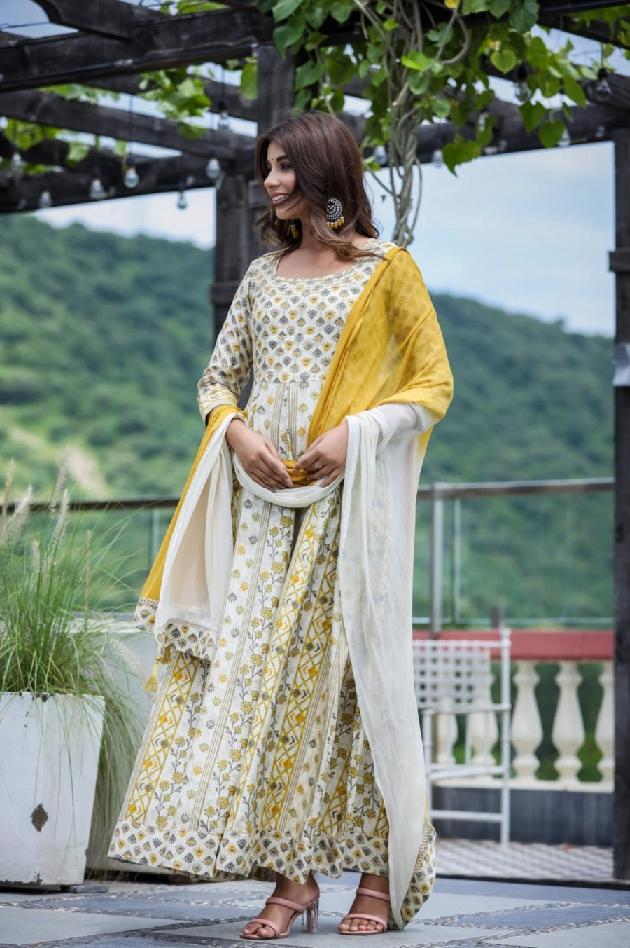 Yellow Floral Long Dress with Dupatta