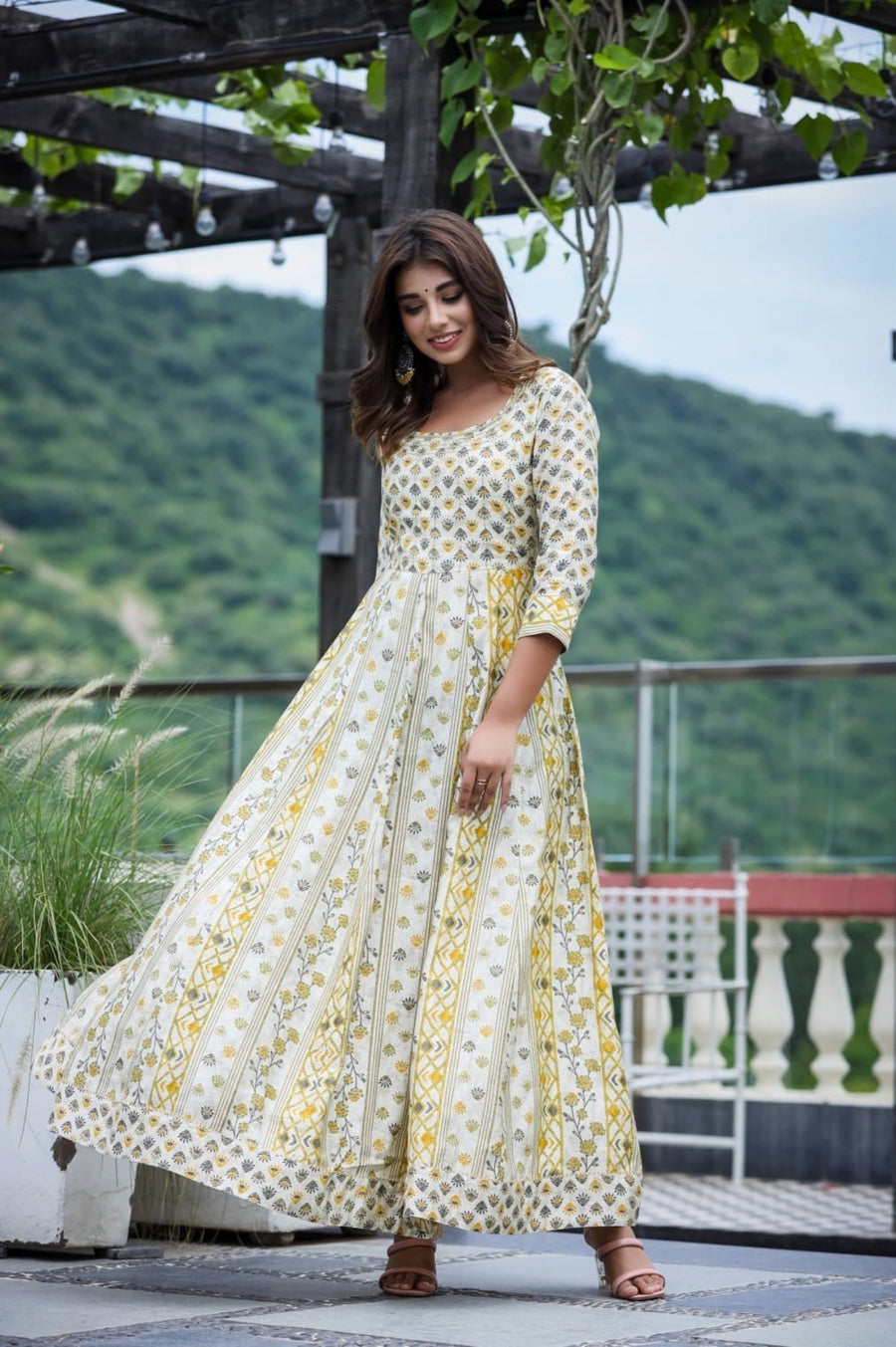 Yellow Floral Long Dress with Dupatta