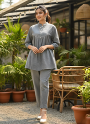Aaronee Grey Striped Pure Cotton Co-ord Set for Women | Top & Pant Cord Set