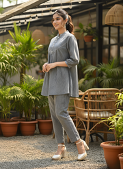 Aaronee Grey Striped Pure Cotton Co-ord Set for Women | Top & Pant Cord Set