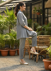 Aaronee Grey Striped Pure Cotton Co-ord Set for Women | Top & Pant Cord Set