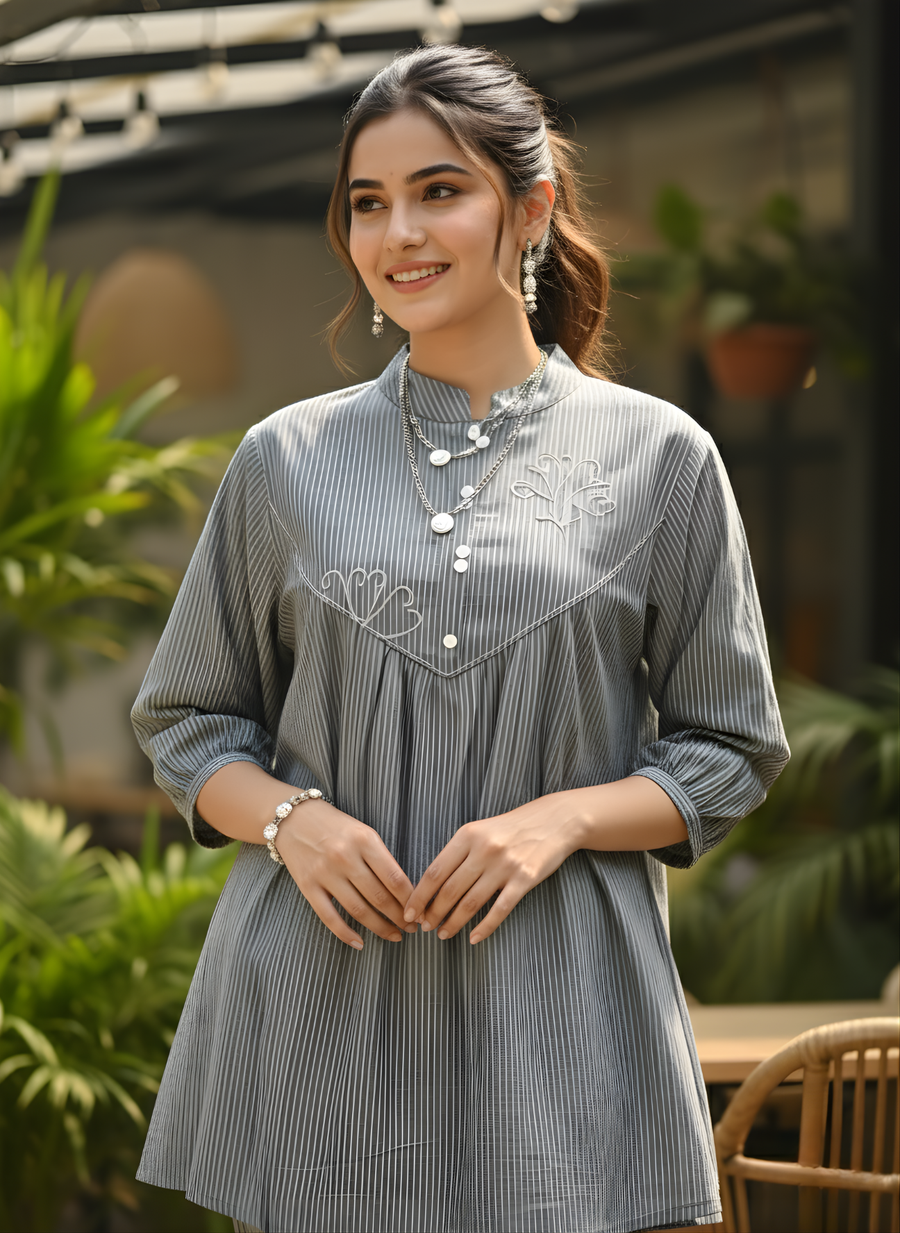 Aaronee Grey Striped Pure Cotton Co-ord Set for Women | Top & Pant Cord Set