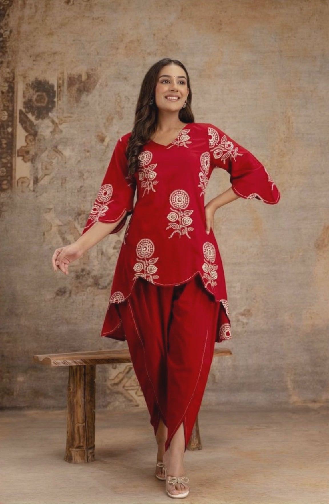 Red co-ord set with tulip pants and embroidery