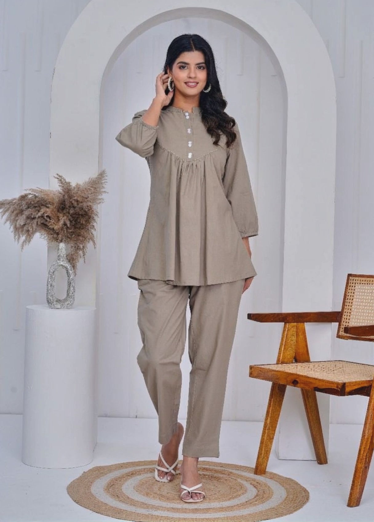 Aaronee Mustard Cotton Short Kurti Pant Set for Women