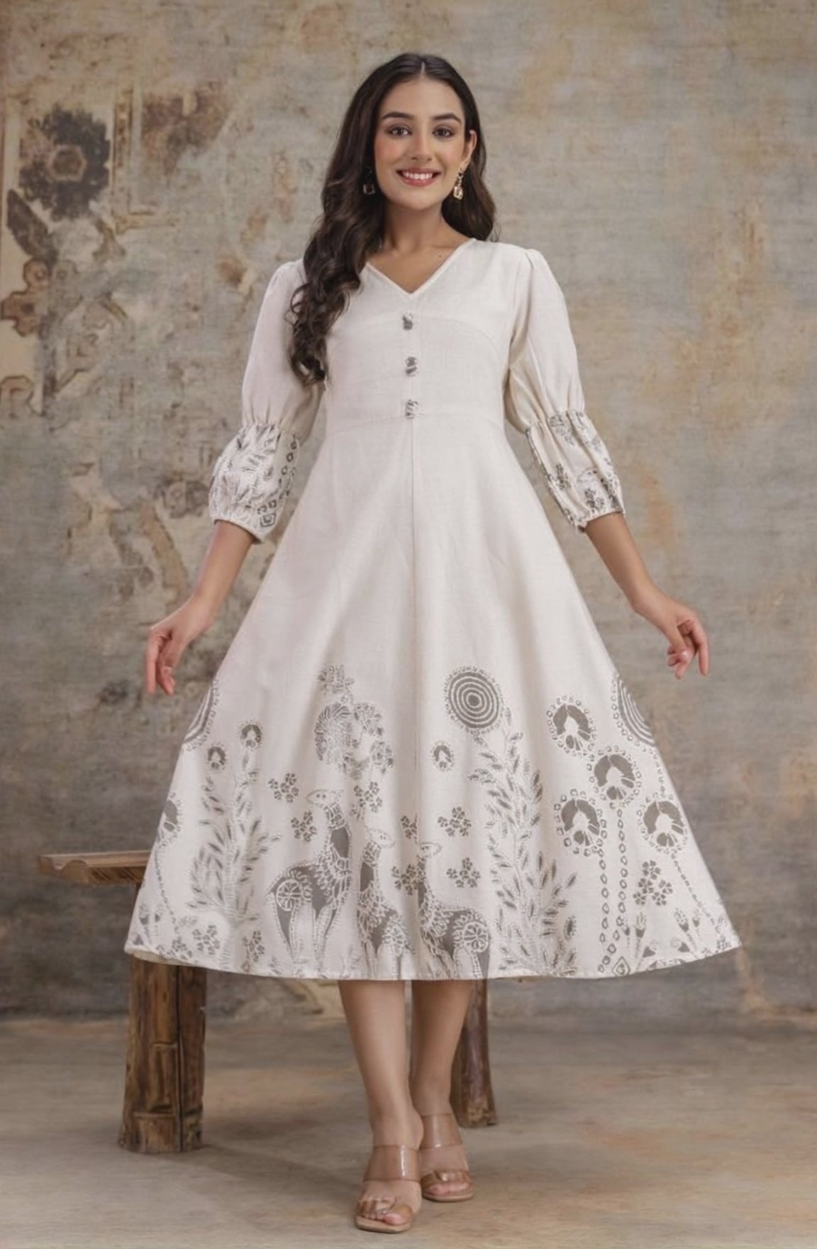 Grey cotton midi dress with peach deer print