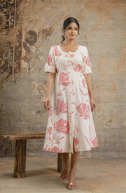 Elegant Cream & Pink Floral Cotton Flex Middy Dress for Women – Aaronee Ethnic Wear