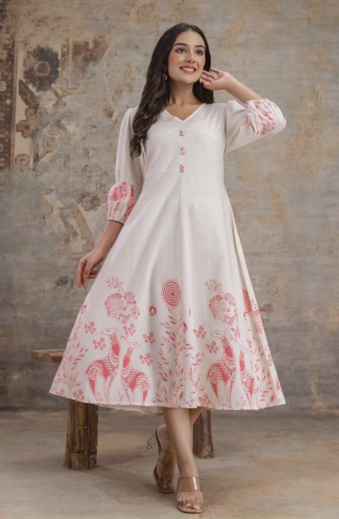 Off-white cotton midi dress with peach deer print