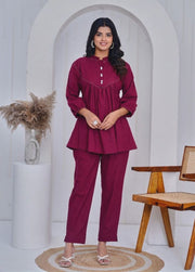 Aaronee Maroon Cotton Short Kurti Pant Set for Women

