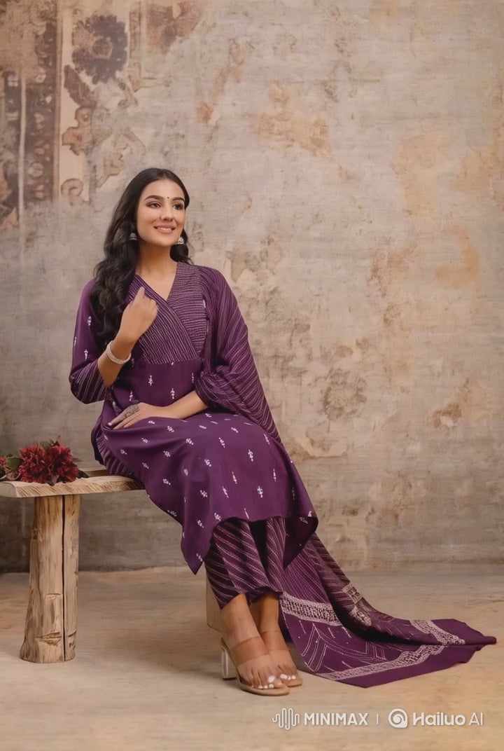 Aaronee Purple Cotton Kurta Pant Dupatta Set for Women