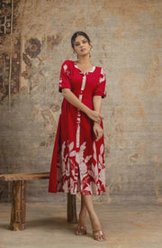 Red Floral Cotton Flex Middy Dress for Women – Stylish Ethnic Wear by Aaronee