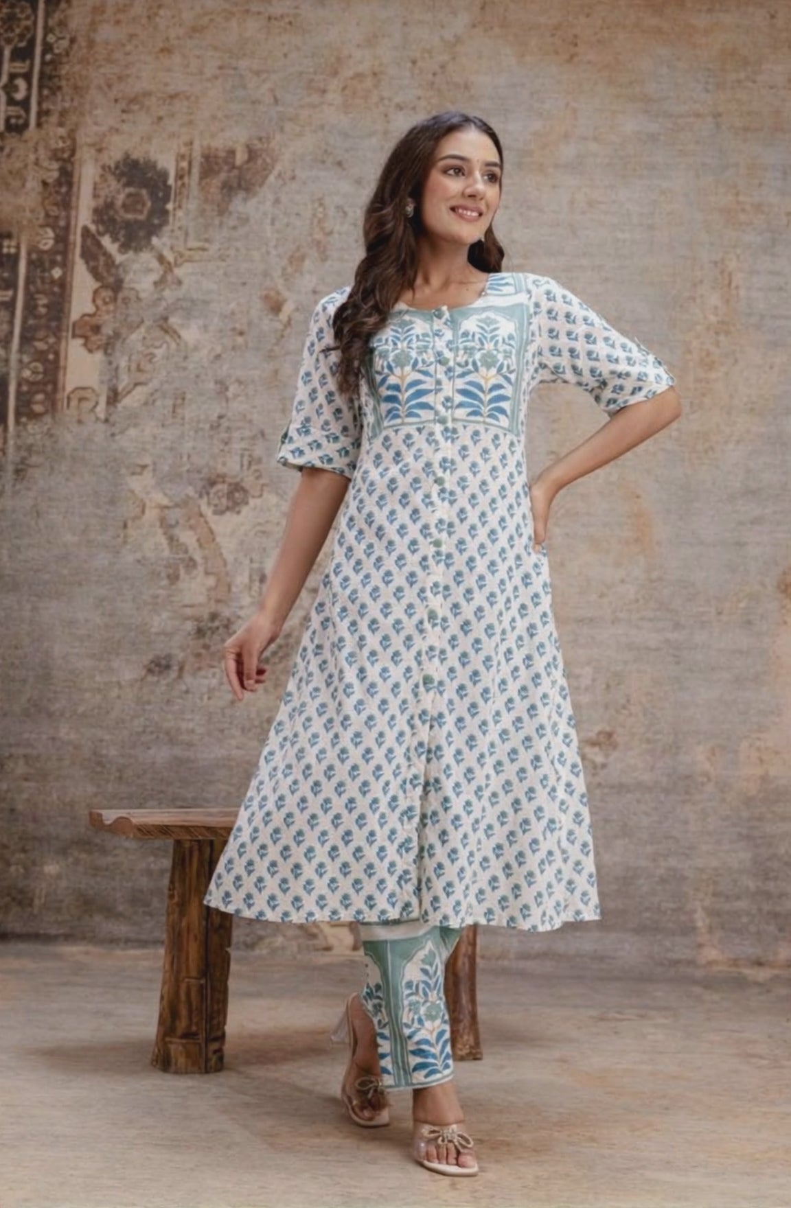 White and blue printed kurta pant set Aaronee