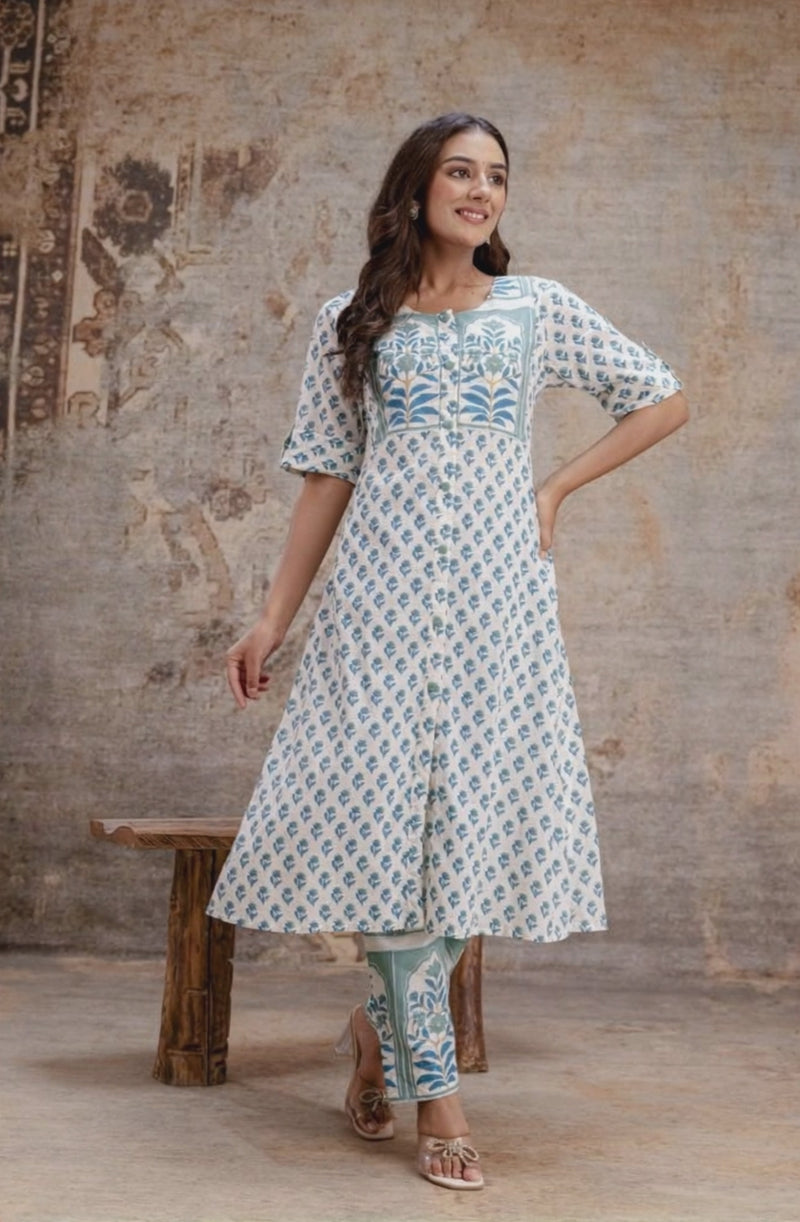 White and blue printed kurta pant set Aaronee