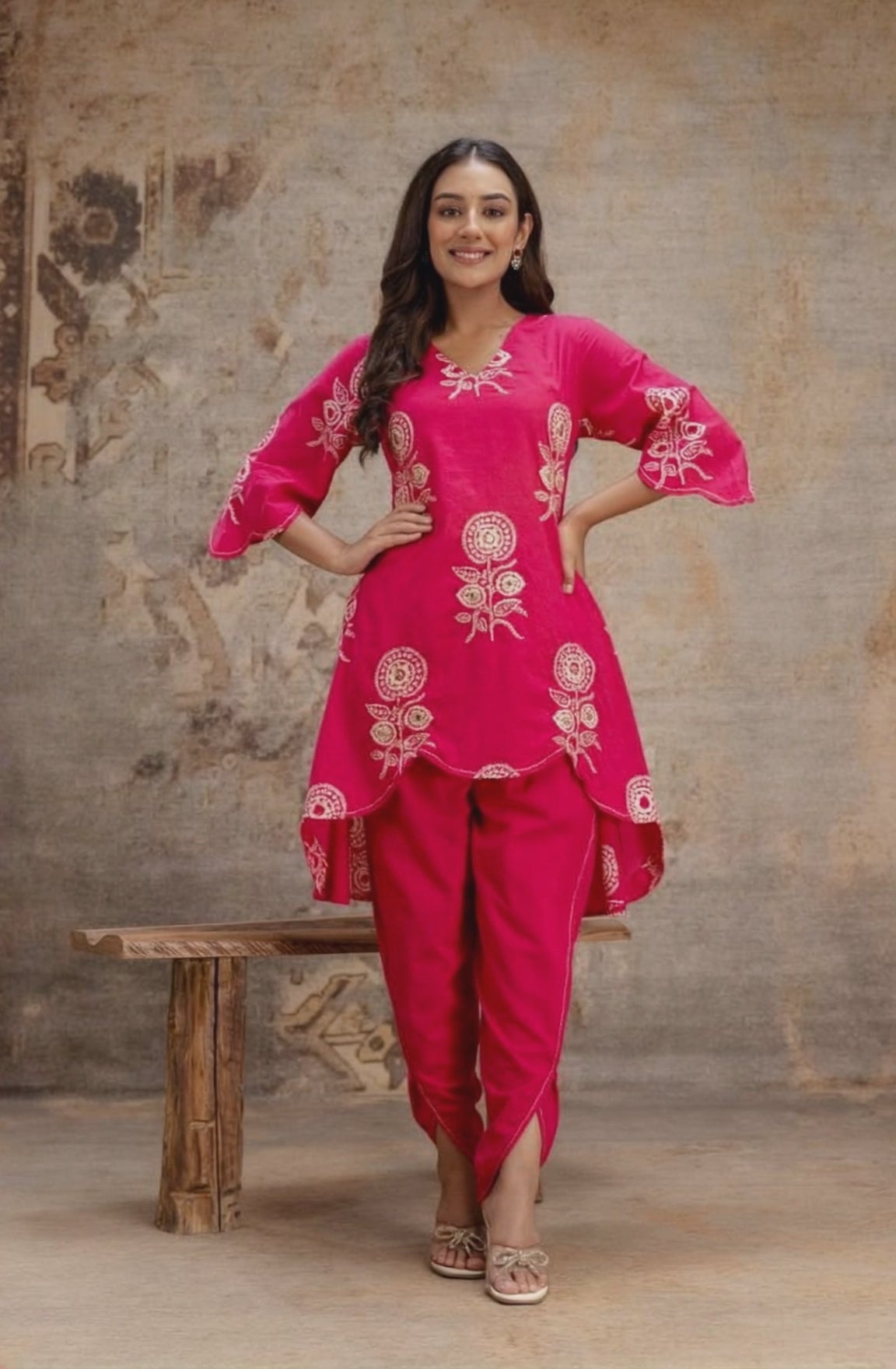 Pink co-ord set with tulip pants and embroidery