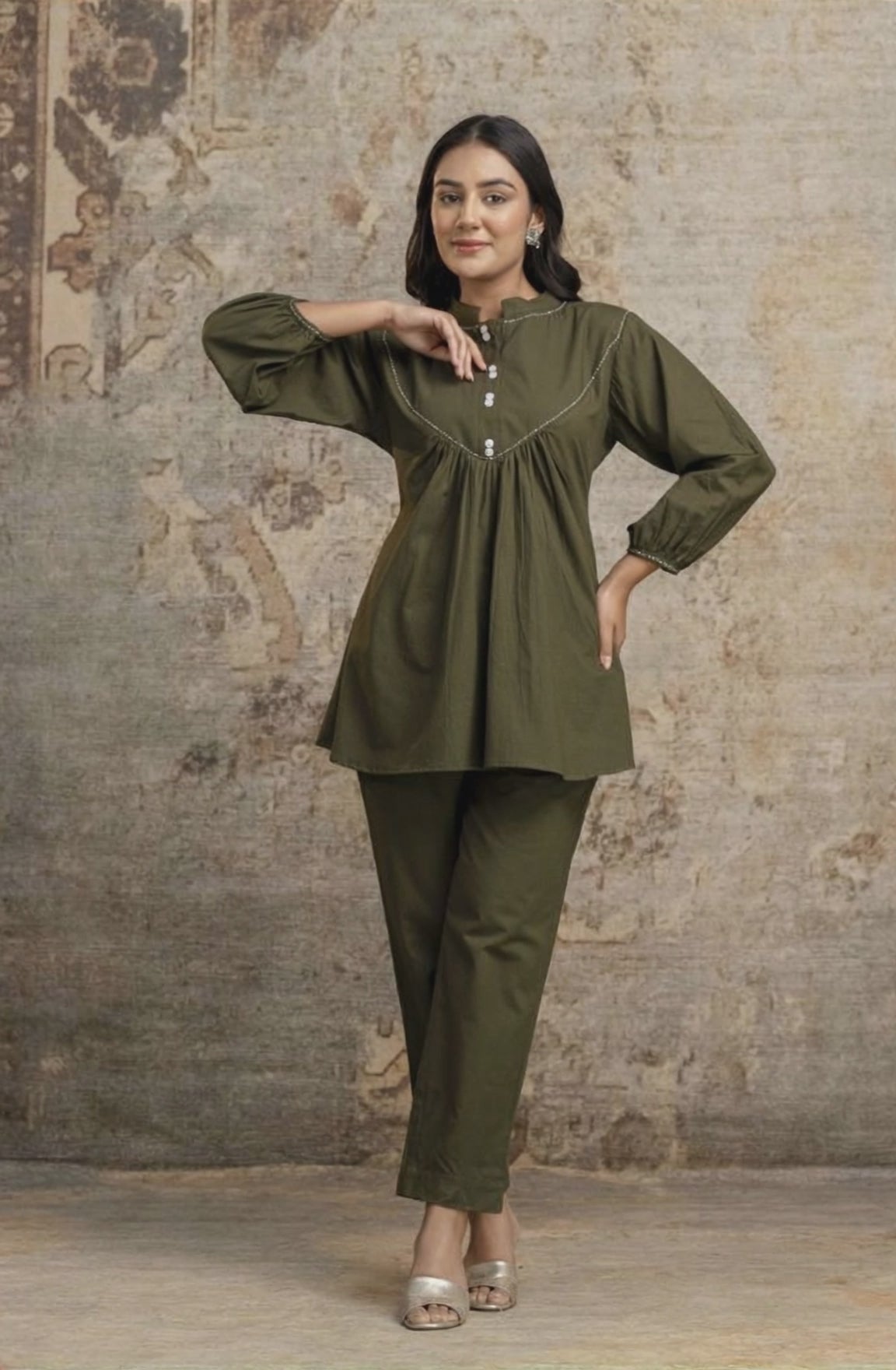 Aaronee Olive Green Cotton Short Kurti Pant Set for Women

