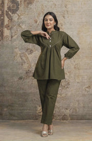 Aaronee Olive Green Cotton Short Kurti Pant Set for Women

